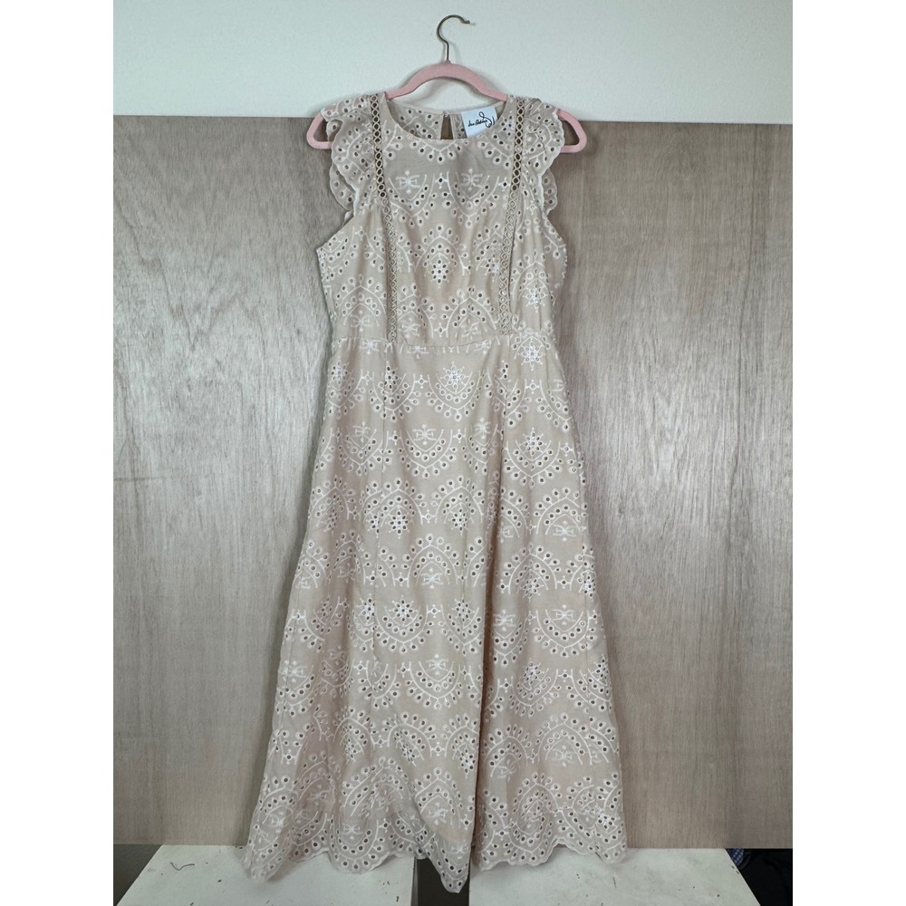 Sam Edelman Womens Eyelet Lace Midi Dress Tan Scalloped Sleeve Hem Size 10